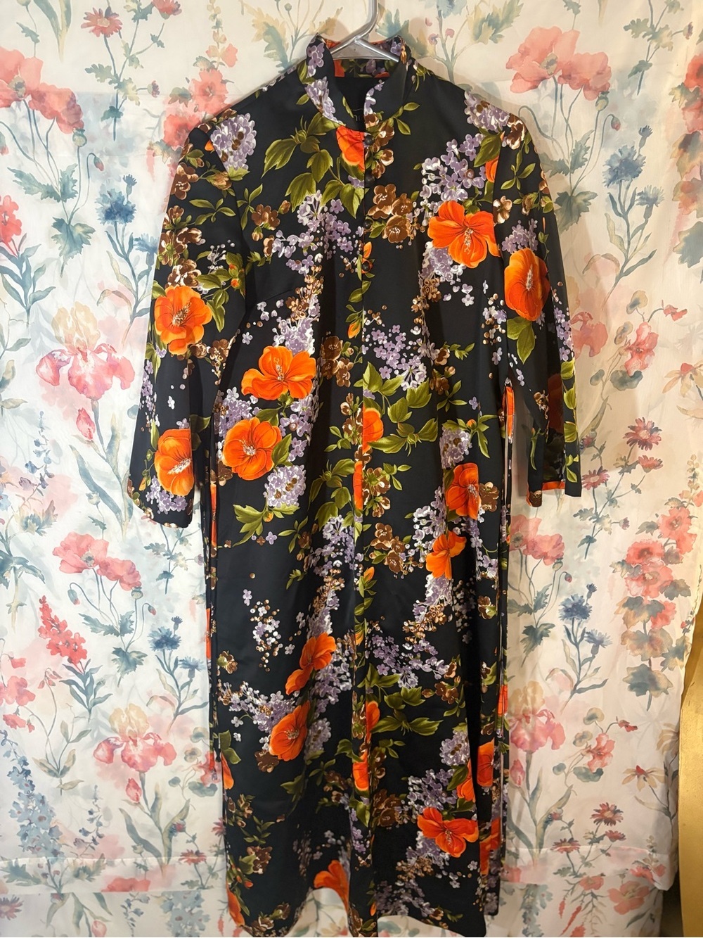 Vintage Floral Midi Dress in Black with Orange Bloom
